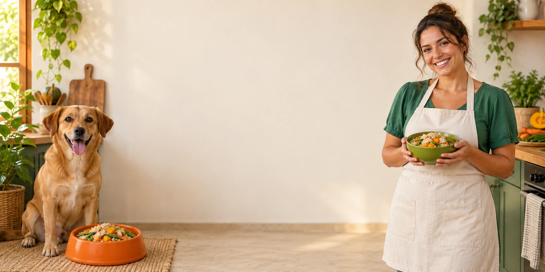 Perro caramelo y su dueña en la cocina con comida natural