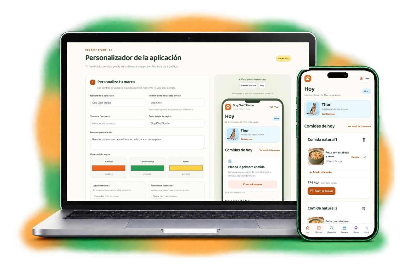 Personalizador del Dog Chef Studio en la laptop y la aplicación con tu marca en el celular