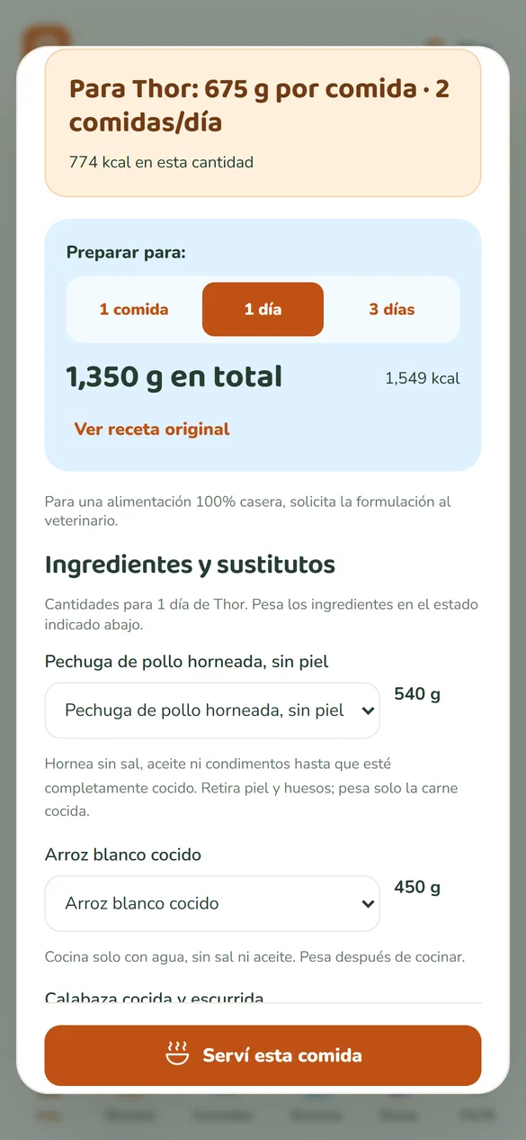Pantalla de la app: Ingredientes para 1 día